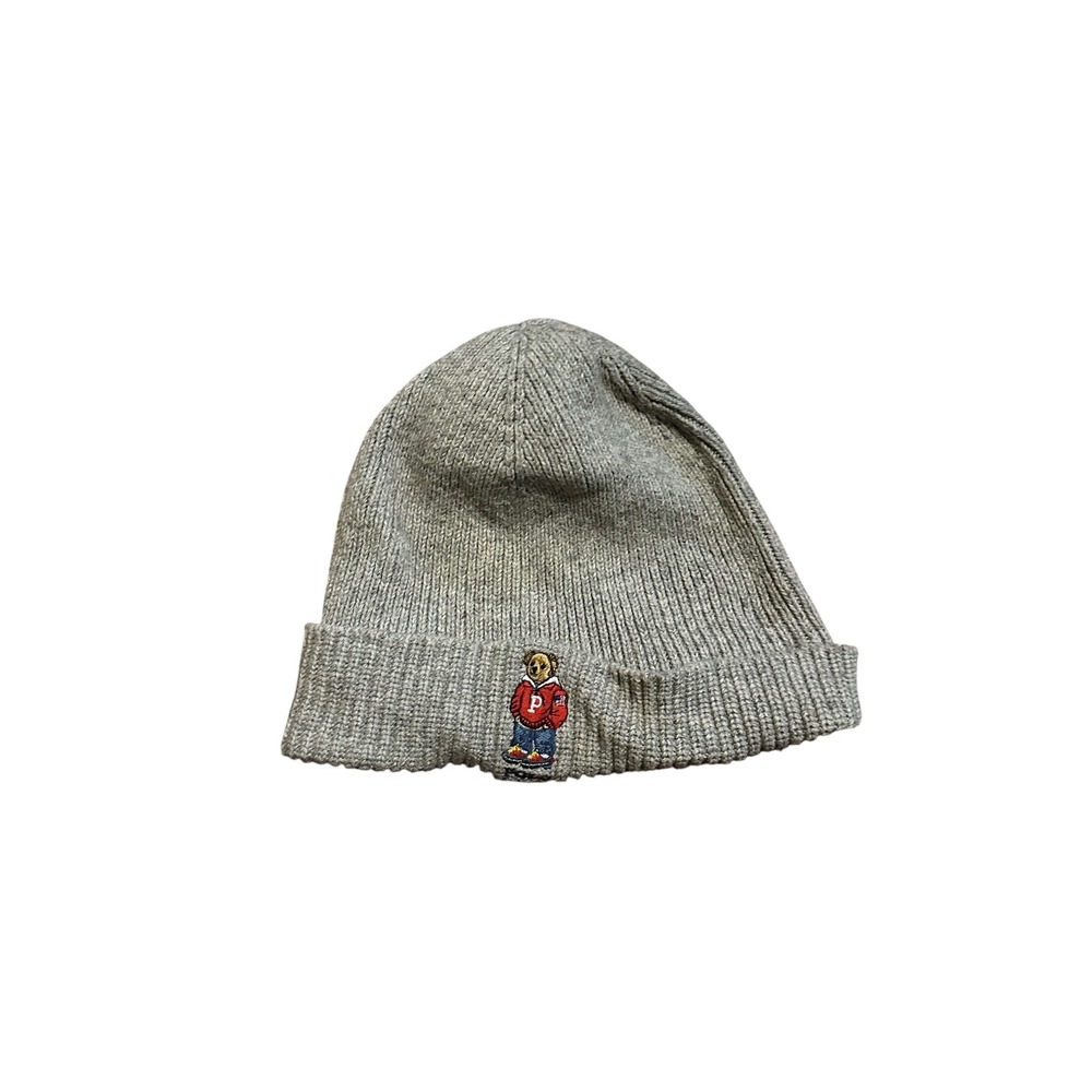 Vintage Polo Ralph Lauren Heather Grey Polo Bear Cotton Merino Wool Knit Beanie